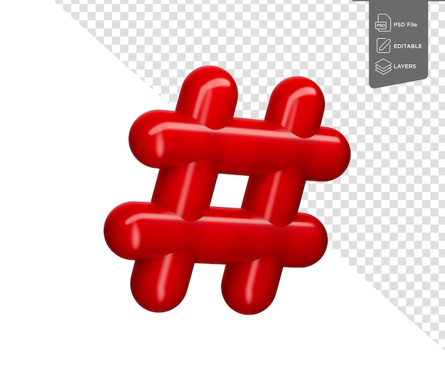 Ein glänzendes rotes 3D-Hashtag-Symbol, das soziale Medien und Online-Konnektivität darstellt 3D-Illustration