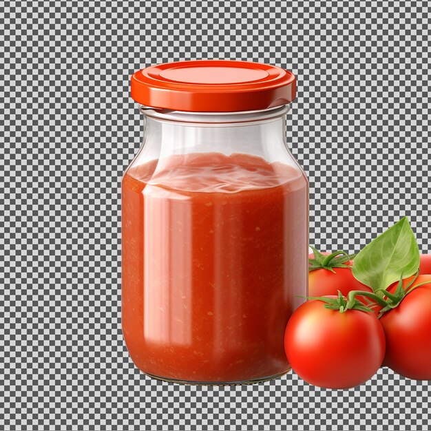 Ein glas tomatensauce mit einem roten deckel und zwei tomaten