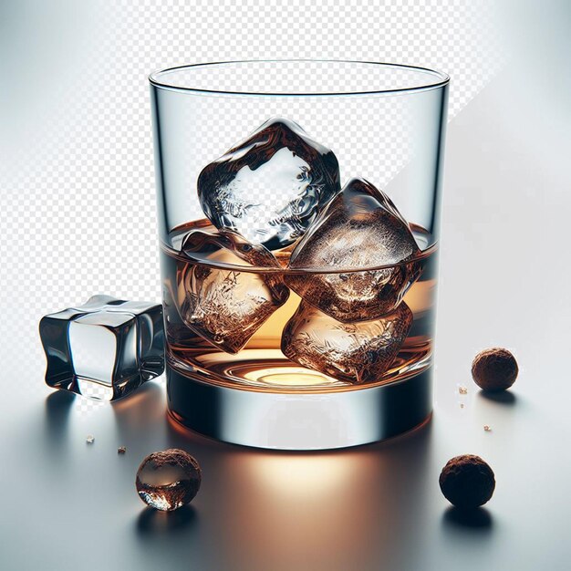 PSD ein glas whiskey mit einem haufen diamanten und eiswürfeln auf einem durchsichtigen hintergrund