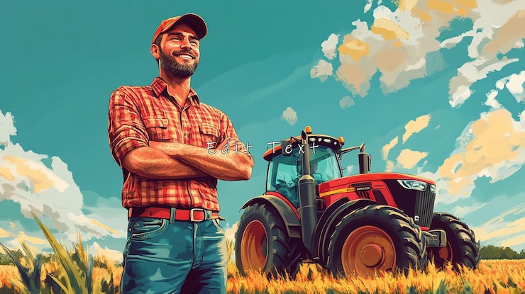 PSD ein glücklicher bauer steht stolz neben seinem traktor in einem goldenen weizenfeld unter einem lebendigen himmel