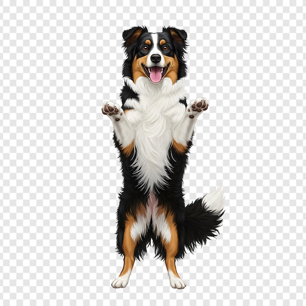 Ein glücklicher dreifarbiger Hund, der auf seinen Hinterbeinen steht
