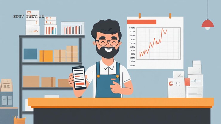 PSD ein glücklicher geschäftsmann zeigt eine mobile app in seinem büro mit einem wachsenden grafikdiagramm