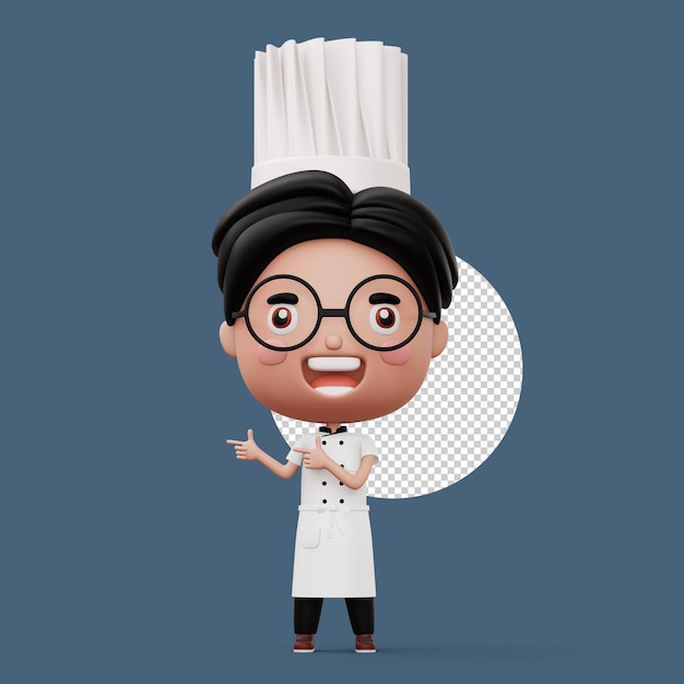 Ein glücklicher küchenchef trägt eine küchenchef-uniform und zeigt mit dem finger 3d-rendering