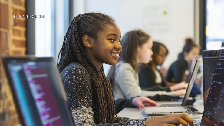 PSD ein glückliches mädchen programmiert mit klassenkameraden im klassenzimmer