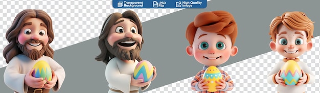 Ein glückliches ostern für kinder 3d-cartoon-rendering von jesus und einem kind mit einem ostereier-set.