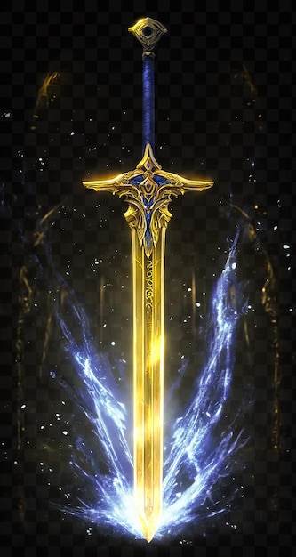 Ein goldenes Langschwert mit blauen Flammen und weißer Energie auf durchsichtigem Hintergrund