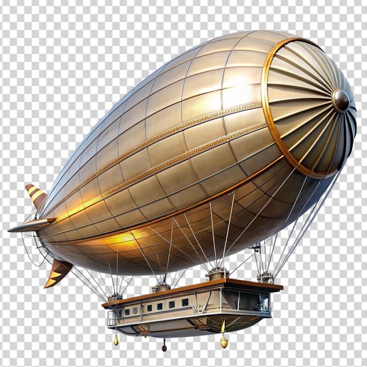 Ein großes Luftschiff mit einem goldenen Ring an der Spitze und einer Leiter an der Seite auf transparentem Hintergrund