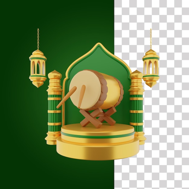 PSD ein grün-goldener hintergrund mit dem bild einer trommel und den worten ramadan