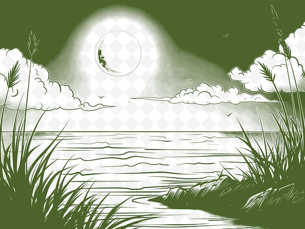 Ein grünes und weißes bild eines sees mit sonne und wolken im hintergrund