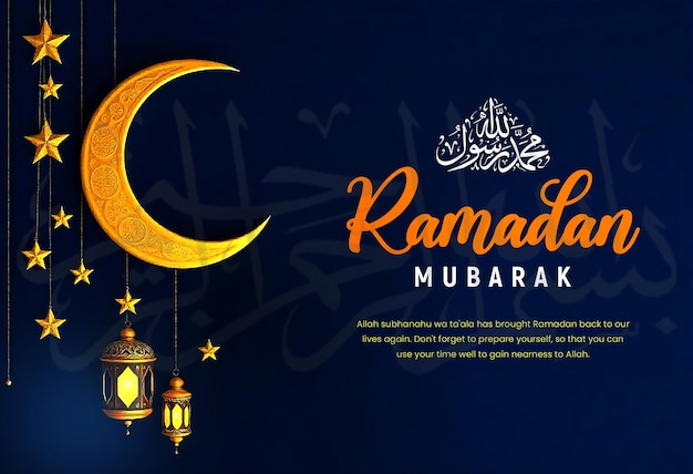 Ein Halbmond und goldene Sterne gegen den islamischen Halbmond und hängende Laternen Ramadan Kar