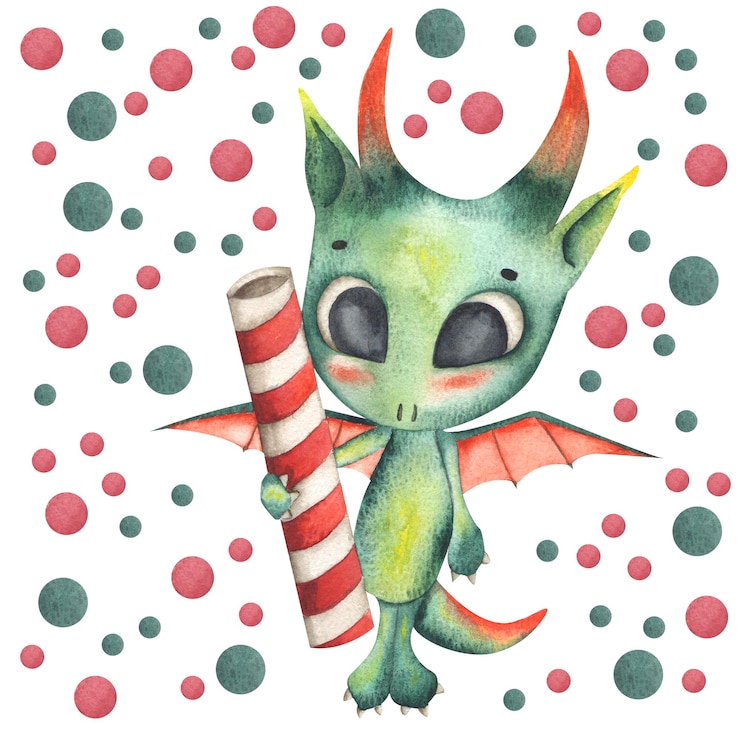 PSD ein handgezeichneter aquarell-drache hält einen weihnachtscracker in seiner pfote