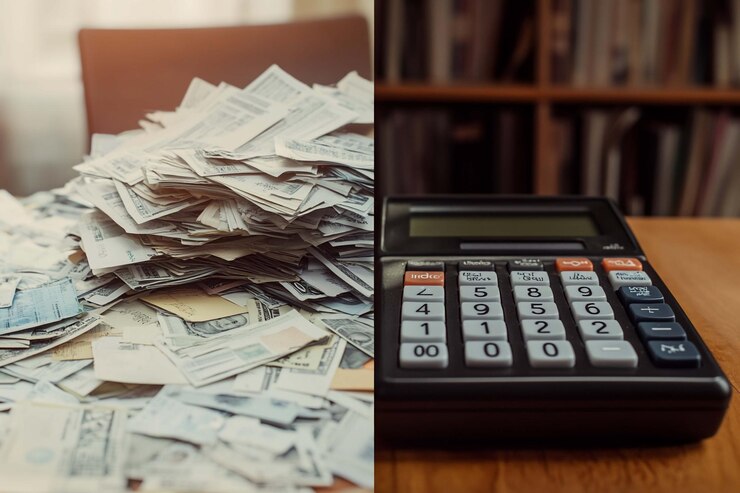 PSD ein haufen geld und ein rechner auf einem holztisch