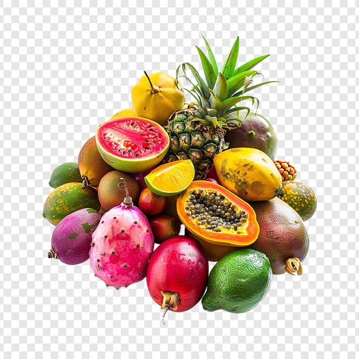PSD ein haufen verschiedener früchte, darunter eine mit einer ananas