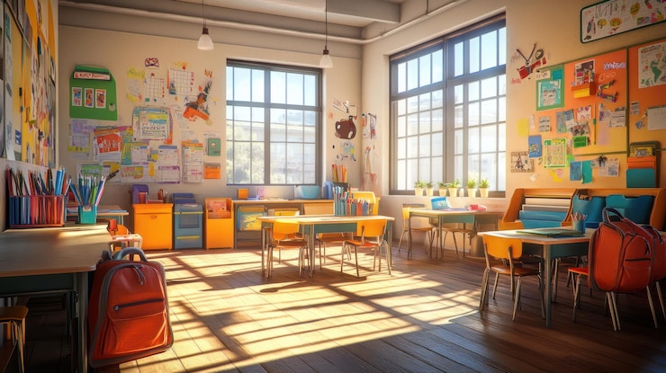 PSD ein helles klassenzimmer mit schreibtischen und farbenfrohen dekorationen