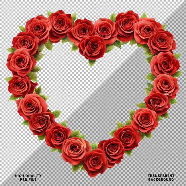 Ein herzförmiger Rahmen mit Blumen, die auf durchsichtigem Design für den Valentinstag isoliert sind