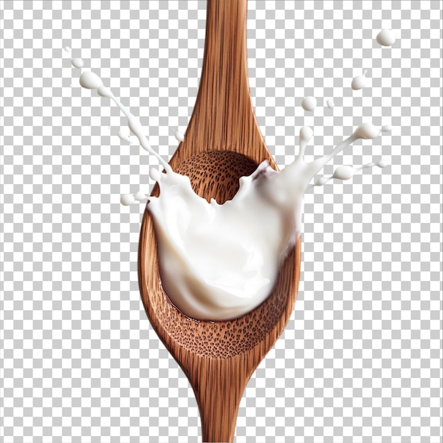 ein hölzerner Löffel wird verwendet, um die Sahne auf einem durchsichtigen Hintergrund zu messen