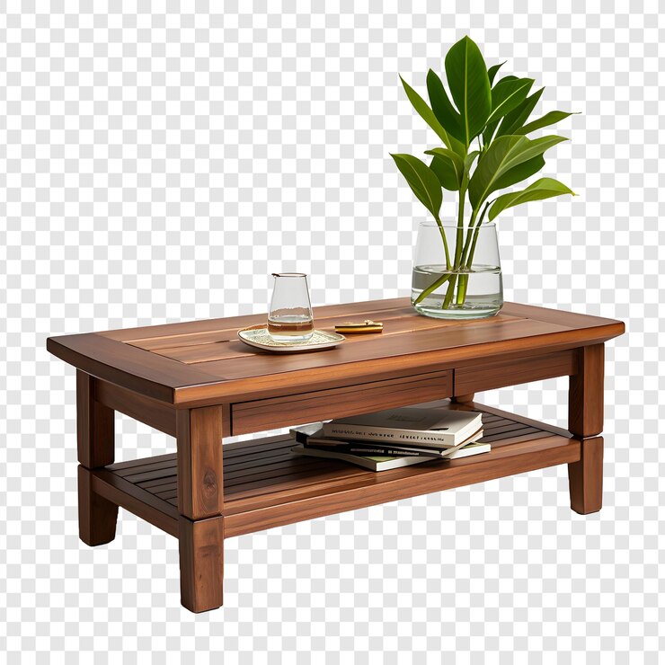 PSD ein hölzerner tisch mit einer pflanze darauf und eine vase mit einer pflanzen darauf