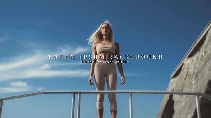 PSD ein hohes junges mädchen mit langen blonden haaren in einem langen rosa kleid blickt auf das meer.
