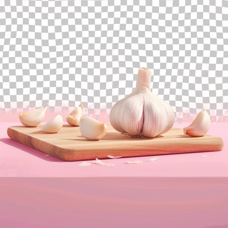 PSD ein holzschneidbrett mit knoblauch darauf und einem rosa hintergrund mit einem weißen schachtelmuster