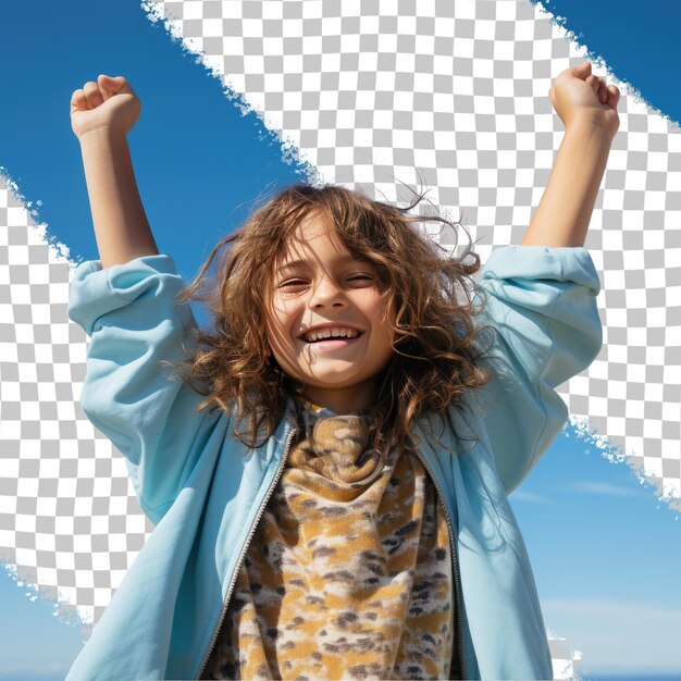 PSD ein hopeful child-junge mit langen haaren aus der pacific islander-ethnie, gekleidet in copywriter-kleidung, posiert in einem standing with arms raised-stil gegen einen pastellblauen hintergrund