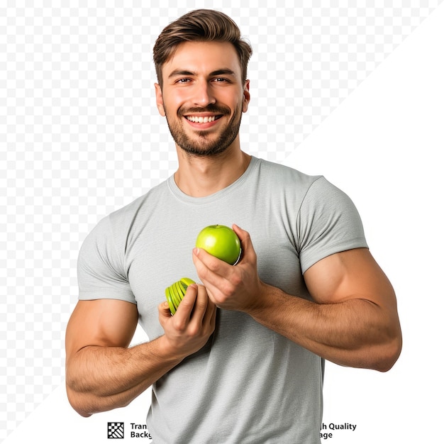 Ein hübscher, fröhlicher mann in einem leeren t-shirt steht isoliert über einem weißen, isolierten hintergrund und zeigt einen grünen apfel, der mit einem hantel trainiert.