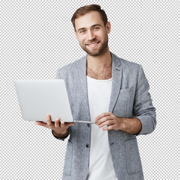Ein hübscher männlicher Unternehmer mit Laptop