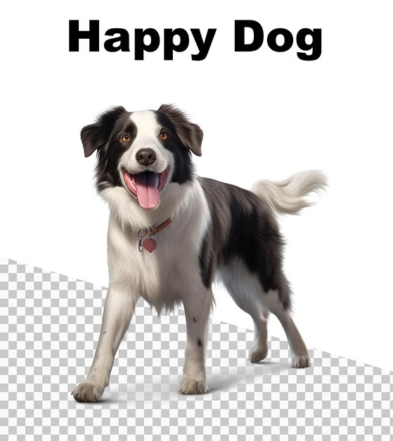 PSD ein hund, der vor einem karierten hintergrund steht, auf dem „happy dog“ steht.