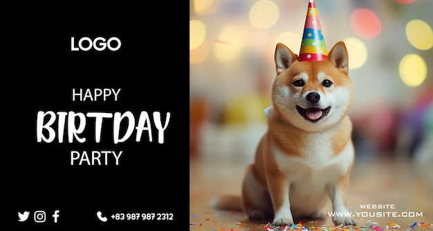 Ein hund mit shiba-inu-hut sitzt vor einem partybanner.