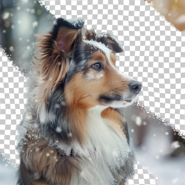 PSD ein hund schaut aus einem fenster und hat ein schneeflocken auf seinem fell