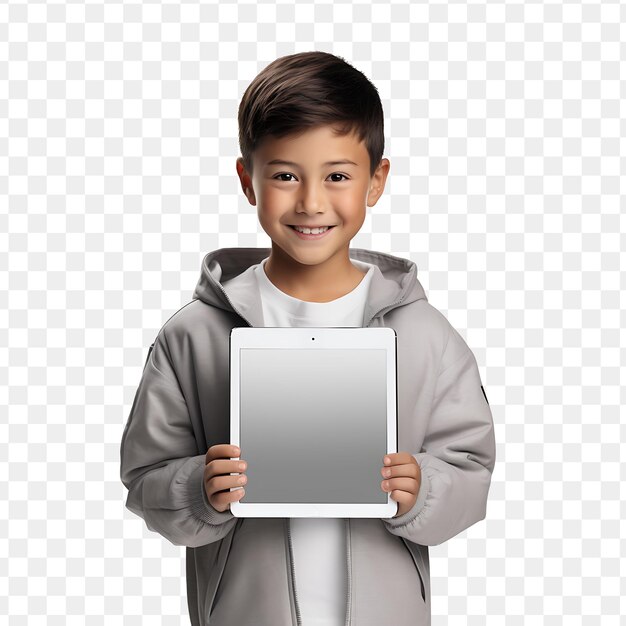 Ein junge in einem grauen hoodie hält eine leere weiße tafel hoch