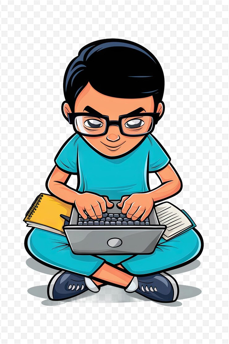 PSD ein junge sitzt an einem computer mit brille und einem blauen hemd, auf dem steht: brille