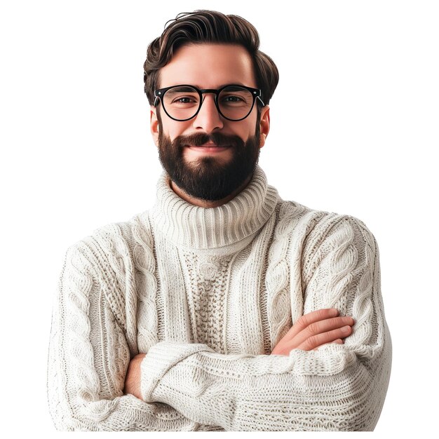 PSD ein junger, gutaussehender mann mit bart, der einen beiläufigen pullover und eine brille trägt.