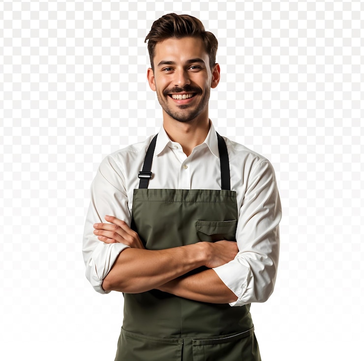 PSD ein junger mann, der ein ladenbesitzerkleid trägt