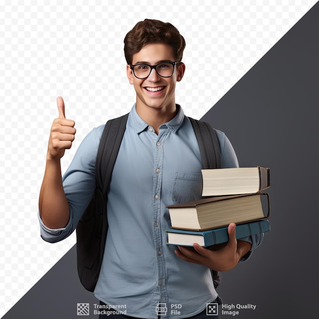 PSD ein junger mann mit brille und einem buch auf dem rücken