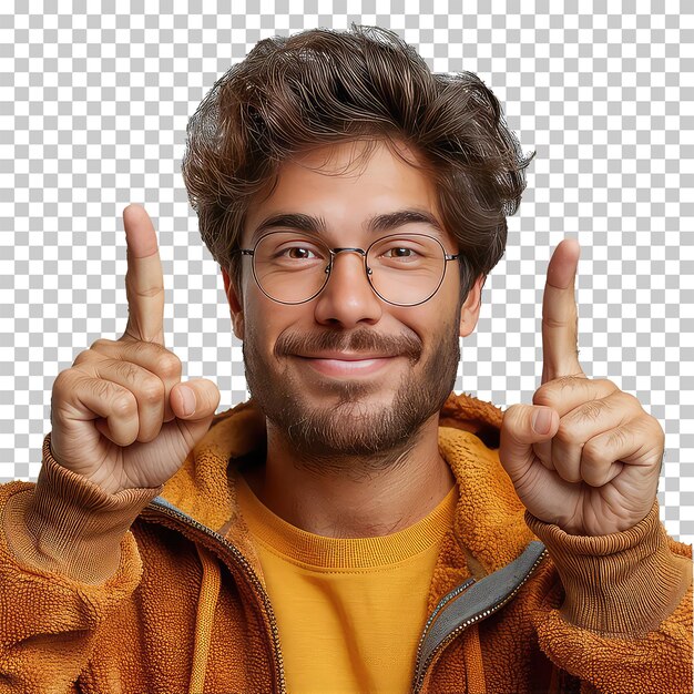 Ein junger Mann mit Brille und Pullover, der nach oben zeigt, isoliert auf einem durchsichtigen Hintergrund