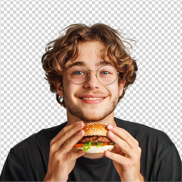 PSD ein junger mann mit lockigem haar isst einen hamburger, der auf einem durchsichtigen hintergrund isoliert ist