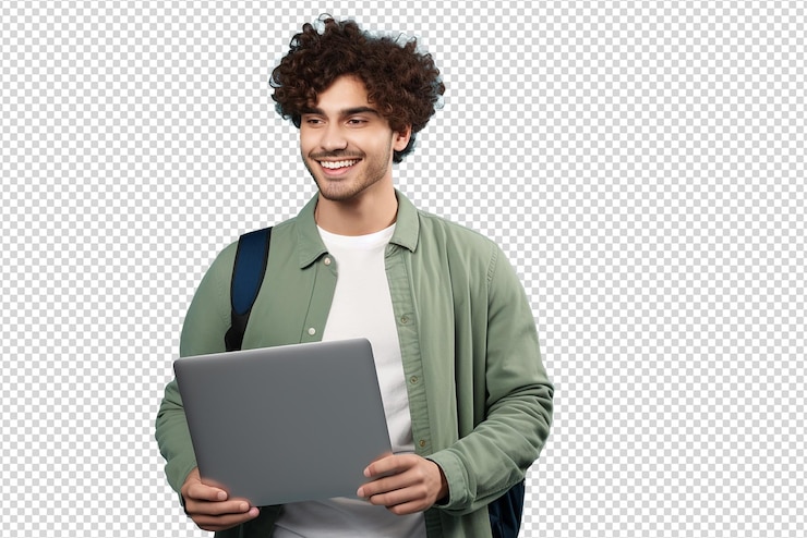 PSD ein junger student mit einer tasche und einem laptop auf einem transparenten hintergrund isoliert