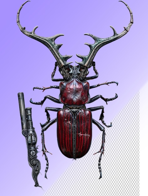 Ein käfer mit einer waffe darauf und einer waffe im hintergrund