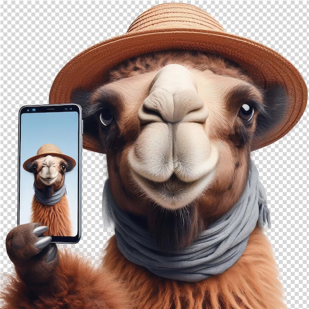 Ein kamel hält ein telefon mit einem bild eines kamels daran