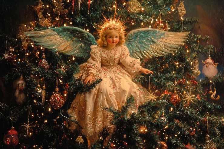 PSD ein kind, das als engel gekleidet ist, sitzt inmitten eines hell beleuchteten weihnachtsbaums