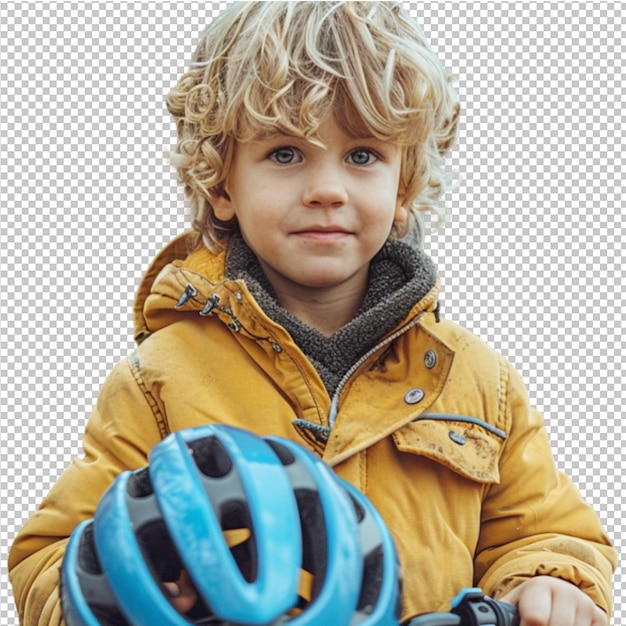 PSD ein kleiner junge hält einen helm und einen helm