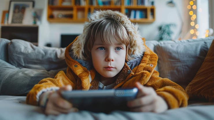 PSD ein kleiner junge liegt mit einem tablet in der hand auf einer couch und schaut mit einem ernsten gesichtsausdruck auf den bildschirm.