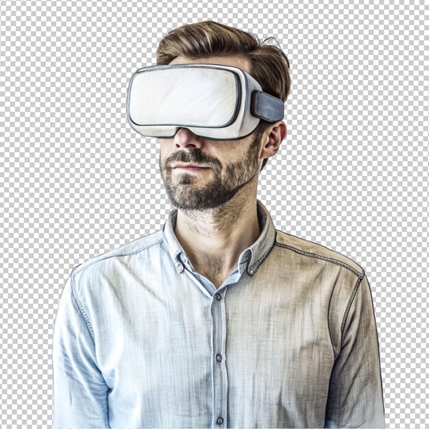 Ein kleiner junge trägt eine vr-brille auf einem transparenten hintergrund