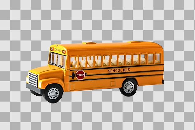 Ein kleines gelbes Schulbusmodell, das die Kindheit und Bildung betont, isoliert auf weißem PNG