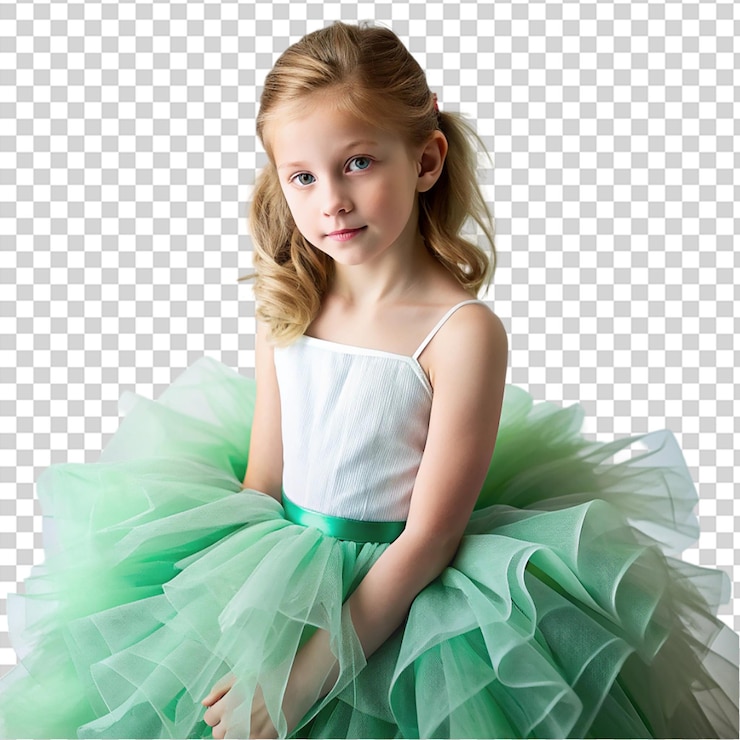 PSD ein kleines mädchen in einem grünen kleid und einem weißen hemd lächelt auf einem durchsichtigen hintergrund für die kamera