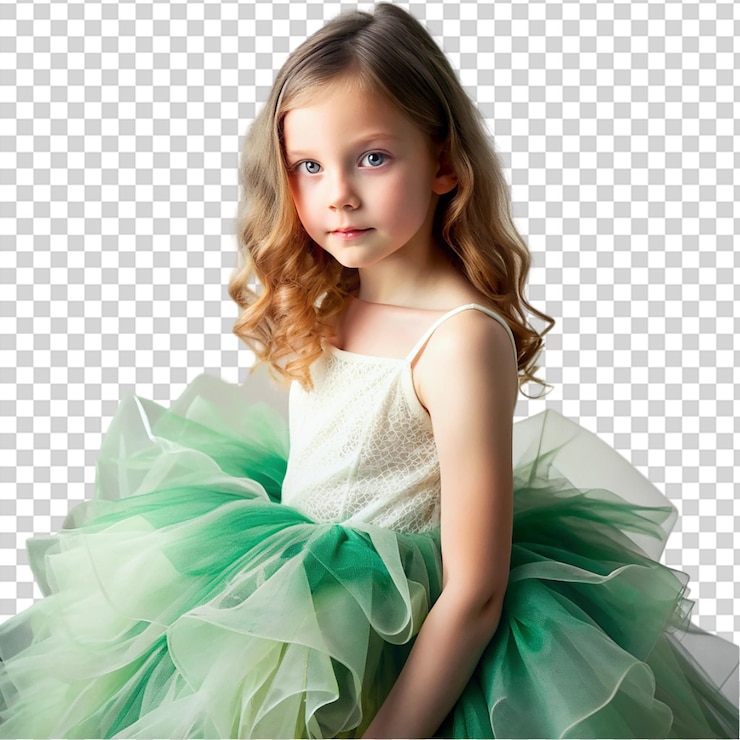 PSD ein kleines mädchen in einem grünen kleid und einem weißen hemd lächelt auf einem durchsichtigen hintergrund für die kamera