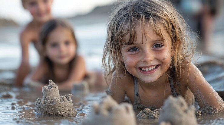 PSD ein kleines mädchen lächelt glücklich, während es mit seinen geschwistern auf dem strand sandburgen baut