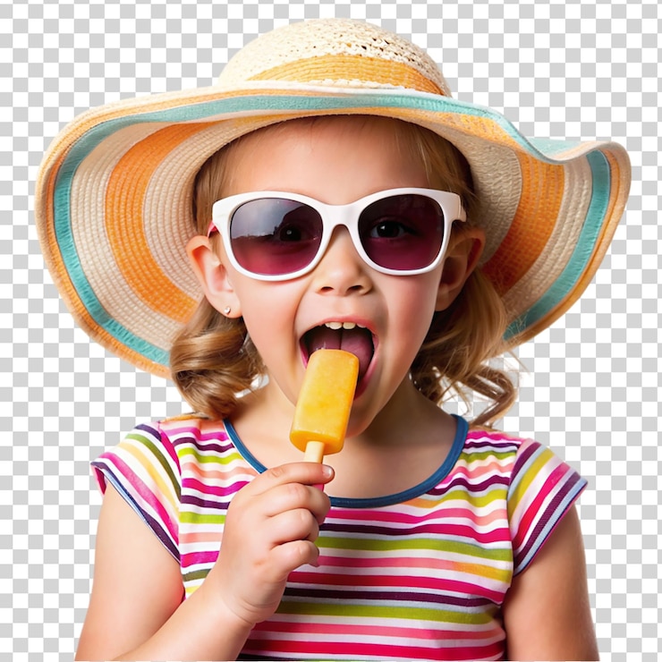 PSD ein kleines mädchen mit einem sommerhut und sonnenbrille, isoliert auf durchsichtigem hintergrund