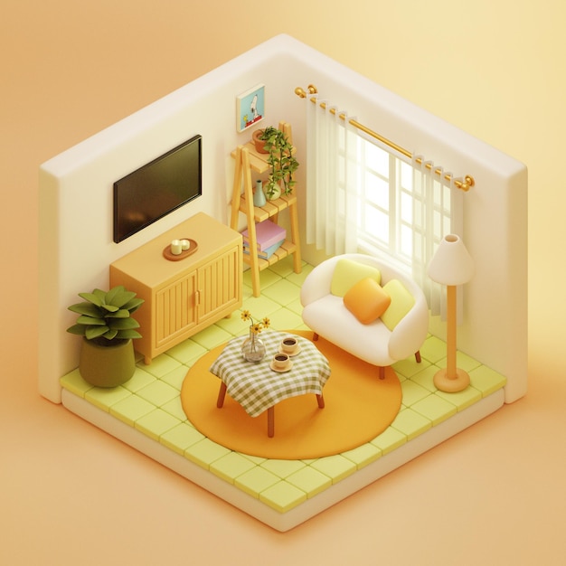 ein kleines Puppenhaus mit einem Bett und einem Fernseher an der Wand