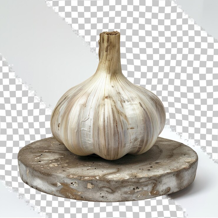 PSD ein knoblauch sitzt auf einem stein mit weißem hintergrund